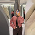 Women's Dusty Pink Corduroy Jacket Fashion Faux Leather Collar Long Sleeve Zipper Cropped Coat Lady 2026 Spring Chic Streetwear