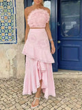 Elegant Pink Two Piece Set for Women Lace Trim Tube Top Asymmetrical Tiered Ruffles Midi Skirt Outfits for Beach Getaways