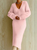 Women Knit Midi Dresses V Neck Bubble Sleeve Fuzzy Bodycon Elegant Party Daily Outfit Autumn 2026