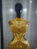 Gold Luxury Long Dress Rhinestones Women Singer Mirror for Celebrity Evening Party Catwalk Prom Outfit Stage Photo Shoot Dresses