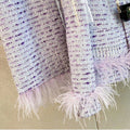 High Quality Elegant Violets Tweed Women Set Single-breasted Feather Beaded Tassel Jacket & High Waist Shorts Suit Fashion Party