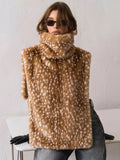 High Neck Animal Deer Print Faux Fur Vest Female Sleeveless Asymmetrical Hem Cape Coat Casual Fashion Women's Outfits 2026 New