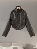 Fashion Women's Cropped Jacket Coat Faux Leather Stand Collar Long Sleeve Biker Style PU Leather Coats Streetwear Outerwear Top