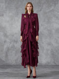 Solid Spliced Ruffles Folds Fashion Dresses for Women Tie a bow collar Long Sleeves High Waist Lace Up Maxi Dress Female