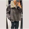 Fashion Faux Fur Collar Middle Long Jackets Women Solid Full Sleece Button Zipper Coats 2025 Lady Chic Casual Winter Outerwear