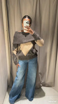 Women's Brown Beige Plaid Knitted Sweater Fashion Off Shoulder Patchwork Loose Blouse Lady Autumn Winter Casual Outerwear