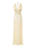Luxurious Dinner Blue Halter Maxi Dress for Women Deep V Neck Spliced Sheer Lace Trim for Romantic Anniversaries