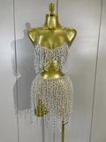 Luxury Diamond Beading Mesh Strap Top Skirt Two Pieces Set Women Evening Prom Birthday Celebrate Sexy Nightclub DJ Stage Costume