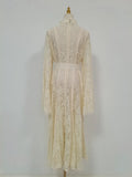 Elegant Vintage Green Lace Midi Dress for Women High Neck Sheert Flare Sleeve Belted Waist Desgin for Luxury Dinners Party