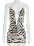 Sequins Patchwork 2 Piece Set Woman Zebra Stripes Swing Collar Backless Tank Tops+Mini Skirts Street Wild Style Suits