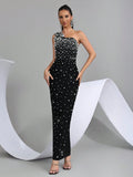 2026 New Sexy One Shoulder Pearl Bead Flower Maxi Long Bodycon Bandage Dress Women Elegant Evening Club Party Outfit