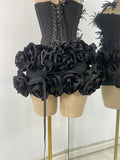 Black Bandage Floral Hather Top Short Skirt Set Women Sexy Backless Knitted Two Pieces Bandage Outfit Nightclub Wear