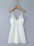 White Cozy Homewear Lace Trim Polka Dot Mini Slip Dress for Women Slim Satin Fabric Nightgown for Pajama Parties