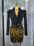Handmake Women Long Sleeve Golden Beading Deep V-Neck Bodycon Mini Dress Celebrate Birthday Photo Shoot Performance Costume