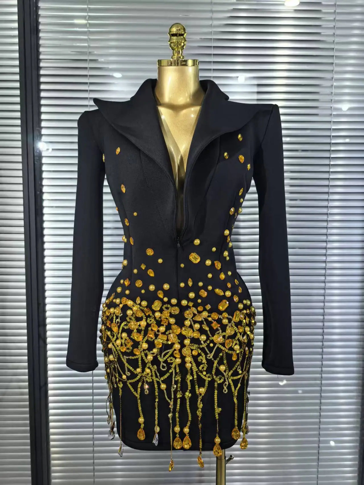 Handmake Women Long Sleeve Golden Beading Deep V-Neck Bodycon Mini Dress Celebrate Birthday Photo Shoot Performance Costume