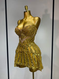 Luxury Gold Sparkly Sequins Diamonds Mini Dress Birthday Dress Women Sexy Performance Costume Singer Stage Nightclub Outfit