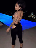 Furry Sexy 2 Piece Set Women Tracksuit Backless Tank Tops+High Waist Hollow Bike Shorts Nightclub Matching Outfits