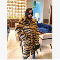 Women Tiger Striped Faux Fur Long Coat Lapel Fluffy Plush Luxury Oversized Overcoat With Side Pockets Winter Warm Outerwear 2026
