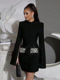 Black Women's Diamond Cloak Sleeve Design Bandage Mini Dress Long Sleeve Elegant Fashion Birthday Party Wedding Guest