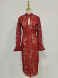 Solid Slimming Spliced Lace Fashion Dresses for Women Round Neck Long Sleeves Patchwork Hollow Out Dress Female New