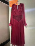 French Retro Vacation Dress for Women V Neck Lantern Sleeve Spliced Bead Square Scarf Tunic Temperament Long Dresses Female