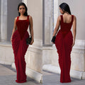 Women Velvet Stacked Ruched Sleeveless Bodycon Long Maxi Dresses 2026 Fall Party Trendy Birthday Evening Dress Vestidos