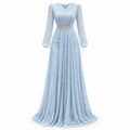 Fashion V Neck Lace Long Puff Sleeve Floor Length Dress for Women Ruched Waist Rhinestone Decoration for Banquet Gala Event
