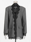 Chic Solid Spliced Lace Edge Blazers for Women Notched Collar Long Sleeve Temperament Designer Coats Female Clothes Style
