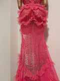 Women Birthday Evening Party PhotoShoot See Through Nightclub Stage Wear Sparkly Diamond Strapless Mesh Ruffled Slit Long Dress