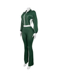 Casual 2 Piece Set Women Tracksuit Patchwork Full Sleeve Zip Elastic Hem Crop Jacket+Flared Pants Sporty Streetwear