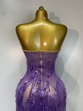 Women Sexy Strapless Purple Rhinestone Tassels Maxi Long Dress Birthday Photo Shoot Bar Nightclub Stage Performance Outfit