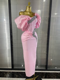 Pink Color Women Sexy Off the Shoulder Puff Sleeve Shining Rhinestones Bodycon Long Bandage Dress Evening Party Cocktail Wear