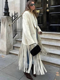 Beige Woolen Lapel Collar Fringe Hem Oversized Long Coats Chic Long Sleeve Warm Jackets Winter Daily Street Lady Outerwear 2026