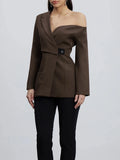 Casual Street Style Asymmetrical Designer Blazer for Women Off One Shoulder Single Button Accent for Fashion Brand Events