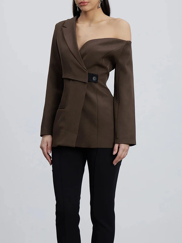 Casual Street Style Asymmetrical Designer Blazer for Women Off One Shoulder Single Button Accent for Fashion Brand Events