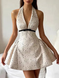Polka Dot Halter Mini Dress for Women Sleeveless Bow Accent Waist Pleated Bodice Flared Skirt for Fashion Parties