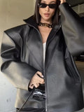 Streetwear Faux Leather Jacket for Women High Neck Zip Front Shoulder Pad Belted Waist Oversized for Autumn Outfits