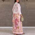 Bow Tie Neck Women Floral Print Set Long Puff Sleeve Cuff Trim Loose Blouse Vibrant Ethnic Midi Skirt Straight Hem Street Daily