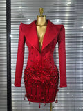 Handmake Women Long Sleeve Golden Beading Deep V-Neck Bodycon Mini Dress Celebrate Birthday Photo Shoot Performance Costume