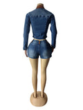 Denim Hipster 2piece Set Woman Pocket Zip Polo-Neck Crop Jacket+Skinny Shorts Street Vintage Casual Matching Outfits
