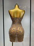Women Sexy Sleeveless Rhinestone Sheer Mini Bodycon Dress Evening Party Luxury Birthday Bar Nightclub Stage Performance Clothing