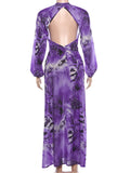 Tiger Stripe Print Long Dress Woman Autumn Trend Deep V-Neck Backless Lantern Sleeve Beach Party Elegant Vestidos