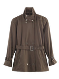 Casual Daily Wear Coffee Trench Coat for Women Stand Collar Buttons Design Belt Accent Oversized for Street Style