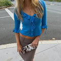 Ruffled Knit Casual Pullover Women's Bow Lace Up V-Neck Solid Slim Commuter T-Shirt Summer New Female Party Vacation Top