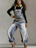 Women Denim Jumpsuit Sleeveless High Waist Baggy Rhinestone Irregular Patchwork Streetwear Party Summer