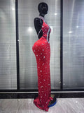 Red Black Women Sexy Halter Off the Shoulder Sparkly Crystal Velvet Bodycon Gowns Dress Celebrate Evening Party Red Carpet Wear