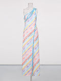 Colorful Print Dresses for Women Diagonal Collar Spliced Hollow Out Sleeveless High Waist Split Dress Female Autumn