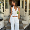 Halter Neck Vest Two-Piece Trouser Set Female Spring Summer New Lace-Up Top Wide-Leg Trousers Pure Cotton Women's Suit