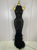 Luxury Sparkly Red Rhinestones Feather Sexy Mesh See Through Long Dress Women Birthday Evening Nightclub DJ Dancer Stage Costume