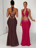 Women Metallic Trim 2 Piece Set Halter Deep V Cutout Crop Top High Waist Ruched Draped Mermaid Skirt Suit Lady Evening Outfit